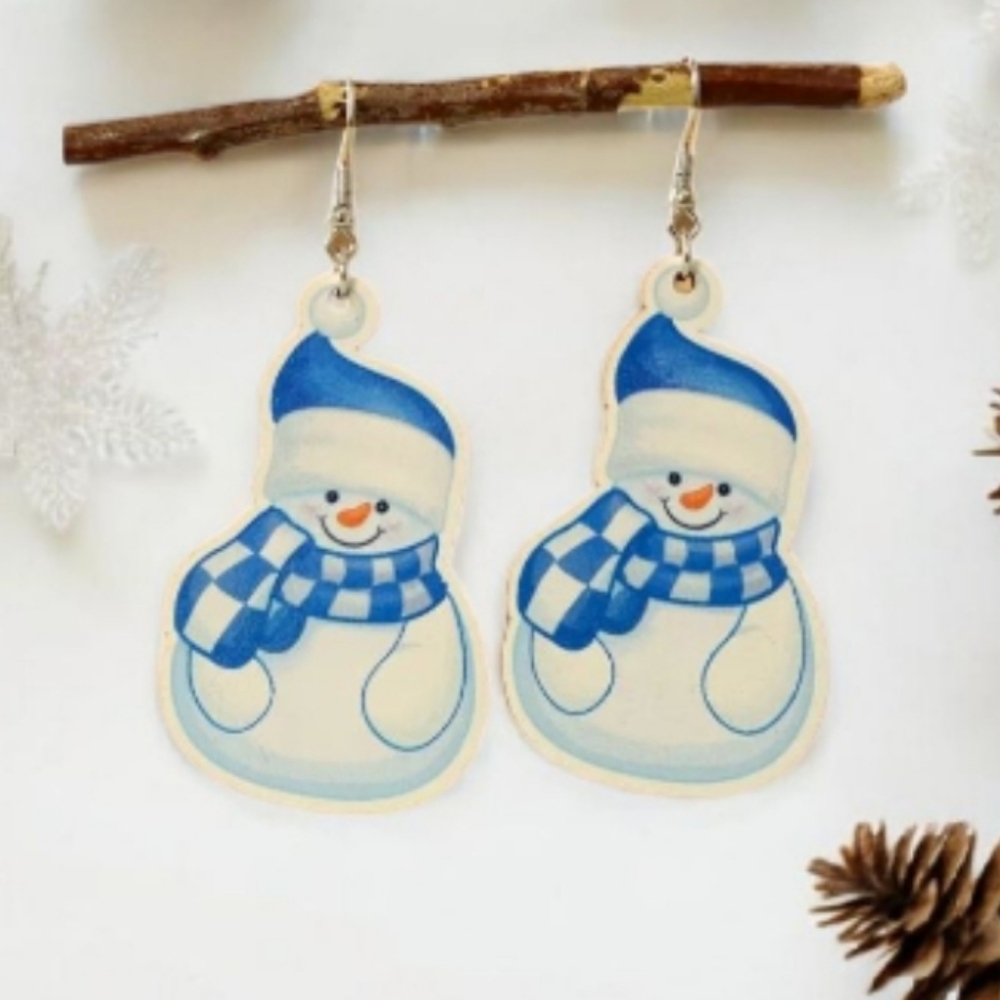 Wood Dangle Drop Christmas Winter Frosty the Snowman Earrings with Blue Accents